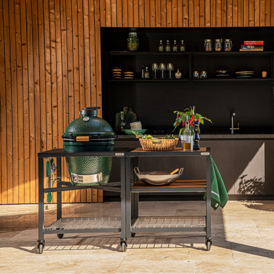 Pack Big Green Egg MEDIUM sur table modulaire et son meuble d'extension